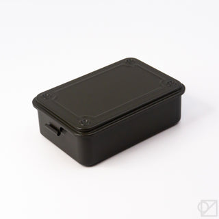 Olive green stackable storage box with hinged lid and corner fasteners
