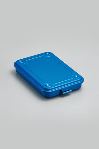 Blue trunk-shaped metal toolbox with latches and recessed handle