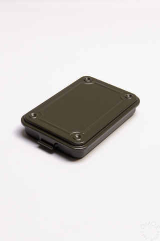 Olive green trunk-shaped toolbox with hinged lid and corner screws, closed