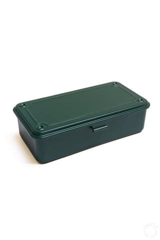Antique green stackable metal storage box with hinged lid