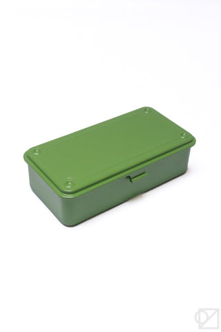 Green rectangular stackable storage box with hinged lid and side latch, closed