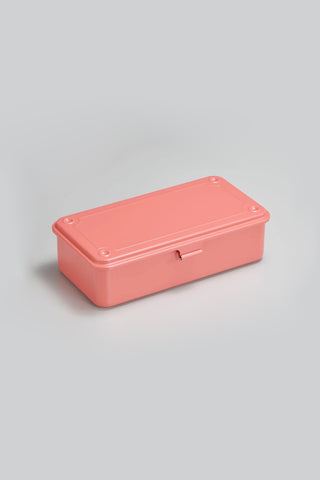 Live coral plastic stackable storage box with hinged lid and snap latch