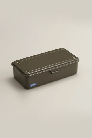Olive green stackable storage box with hinged lid and metal corner bolts