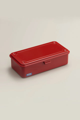 Red stackable storage box with hinged lid