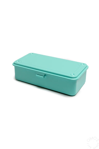 Emerald green stackable plastic storage box with hinged lid and handle slot