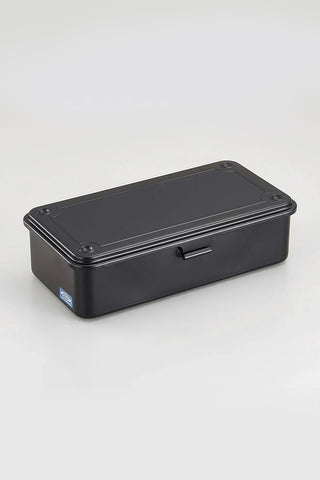Stackable storage box with hinged lid, dark black color.