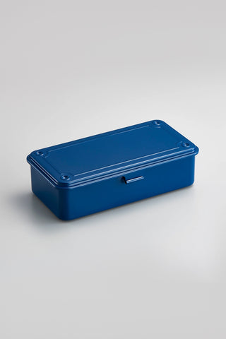 Navy trunk-shaped metal toolbox with hinged lid and side latch