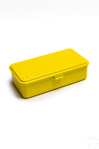 Yellow stackable storage box with hinged lid, rectangular shape and corner screws