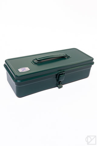 Antique green trunk-shaped metal toolbox with handle and front latch