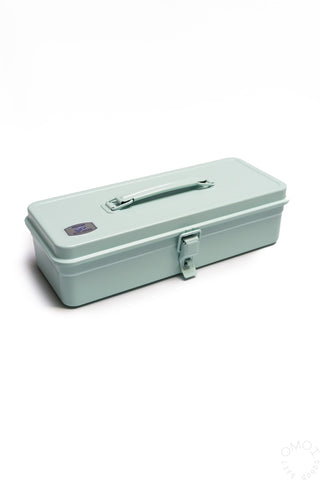 Glacier blue trunk-shaped metal toolbox with handle and front latch