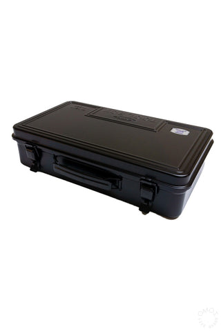 Black trunk-shaped toolbox with latch, hinged lid closed