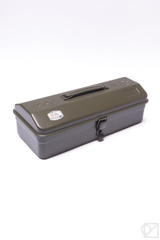 Olive green rectangular toolbox with hinged lid and front latch