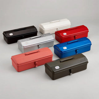 Assorted color toolboxes with hinged lids and front latches arranged together.