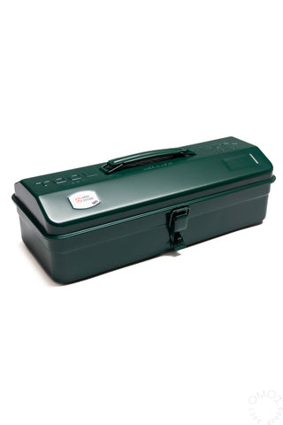 Antique green metal toolbox with hinged lid and front latch