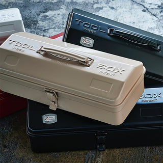 Beige TOYO STEEL Y-350 tool box with metal latch and carry handle, patent label