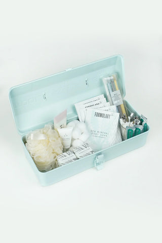 TOYO STEEL Y-350 open toolbox, light blue interior with organizer contents