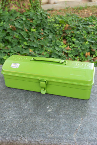 Matcha green metal toolbox with top handle and front latch, closed