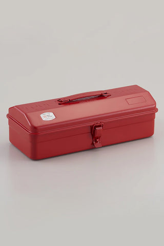 Red TOYO STEEL Y-350 toolbox with hinged lid and front latch, closed.