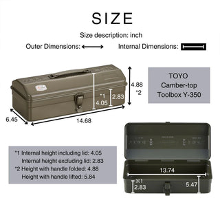 Toolbox size diagram with outer and inner dimensions for a TOYO model.