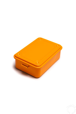 Orange trunk-shape plastic toolbox with hinged lid and side latch