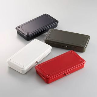Assorted trunk toolbox cases: red, white, black, and olive with metal screws