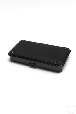 Black trunk-shaped metal toolbox with hinged lid and corner screws.
