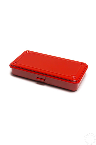 Red trunk-shape toolbox case with corner screws and latch, closed
