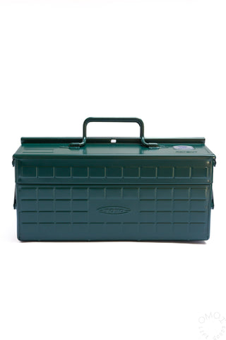 Antique green cantilever toolbox with front panel and carry handle