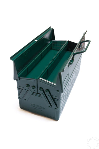 Antique green cantilever toolbox open with organizer trays and side partitions