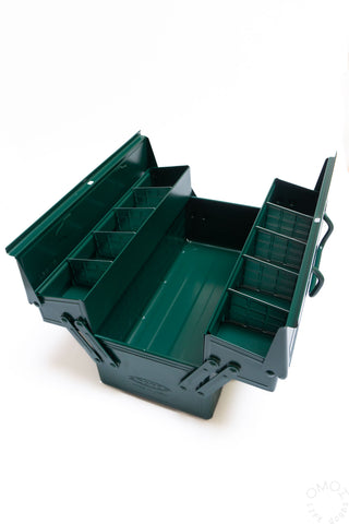Antique green cantilever toolbox open showing inner compartments and dividers