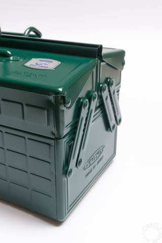 Antique green cantilever toolbox side view with label and locking hardware