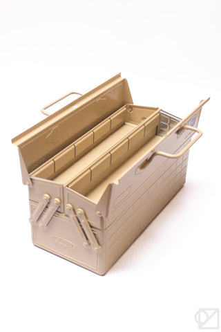Beige cantilever toolbox with extended handle and internal tray compartments