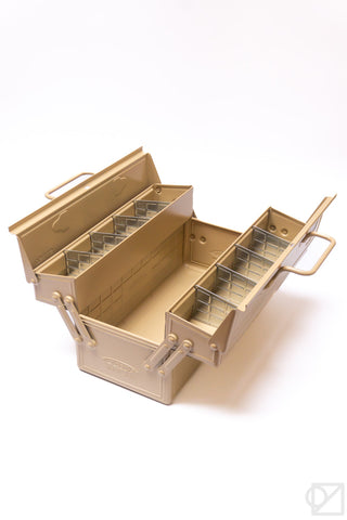 Beige cantilever toolbox open to show organizer trays and dividers