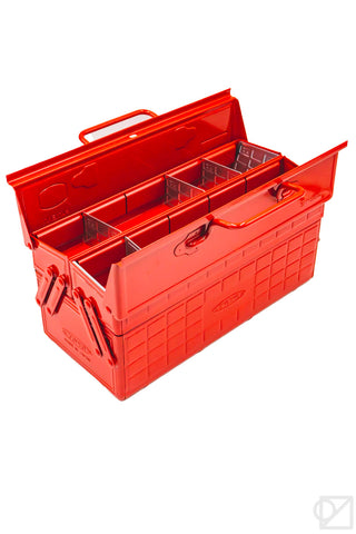 Glossy red cantilever toolbox open with divided interior trays and latch hardware