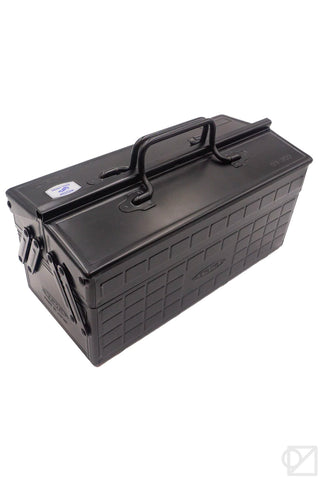 Matte black cantilever toolbox with top carry handle and latch hardware