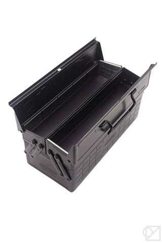 Open matte black cantilever toolbox with divided interior compartments