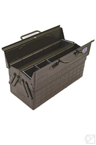 Olive green cantilever toolbox with lid open, showing compartments and organizer trays