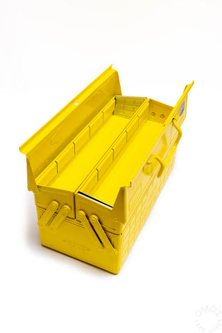 Yellow cantilever toolbox open to reveal interior trays and side compartments