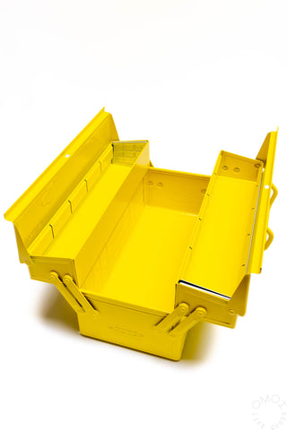 Open yellow cantilever toolbox with compartments on both sides and base tray