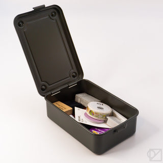 Olive green stackable storage box with lid open, interior view with contents