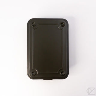 Olive green stackable storage box lid, front view with corner screws