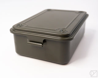 Olive green storage box with lid closed and front carry latch