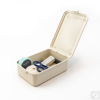 Stackable storage box with hinged lid open, holding office supplies and scissors