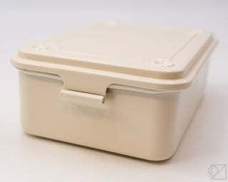 Closed stackable storage box with front latch detail, light white plastic