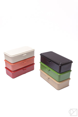 Stackable storage boxes in red and dark green with cream lids, hinged and latched