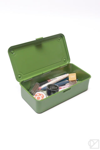 Green stackable storage box with lid open, showing small items inside