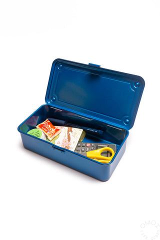 Blue stackable storage box open showing paper and small accessories