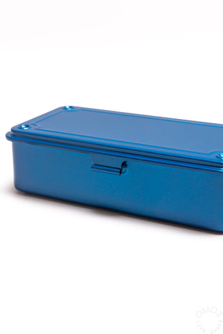 Blue stackable storage box with hinged lid and side handle