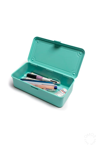 Emerald green storage box with lid open, contents visible