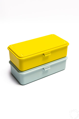 Yellow stackable storage box with hinged lid and light gray base